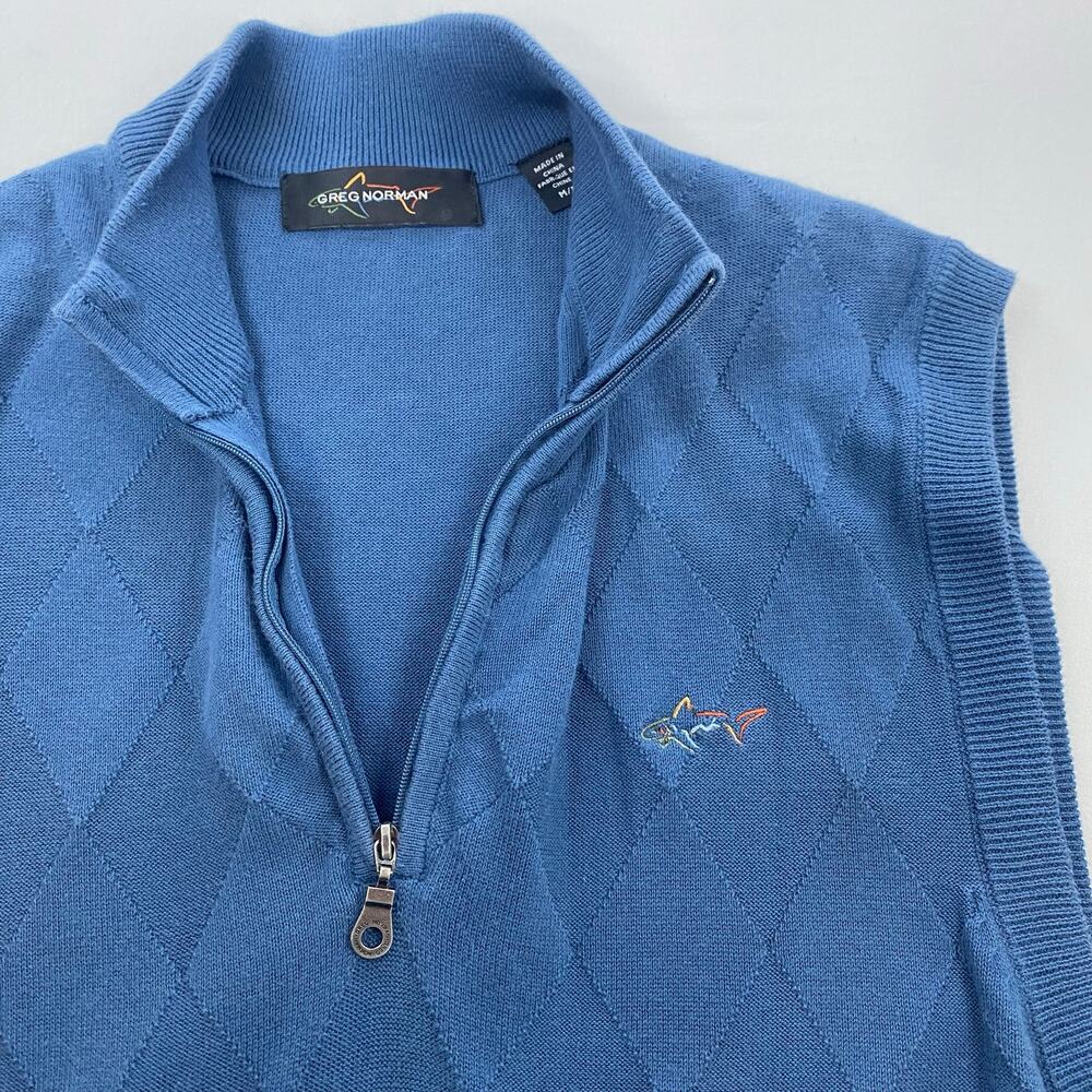Greg Norman Blue Quarter‑Zip Sweater Vest • Shark Logo • Size Medium